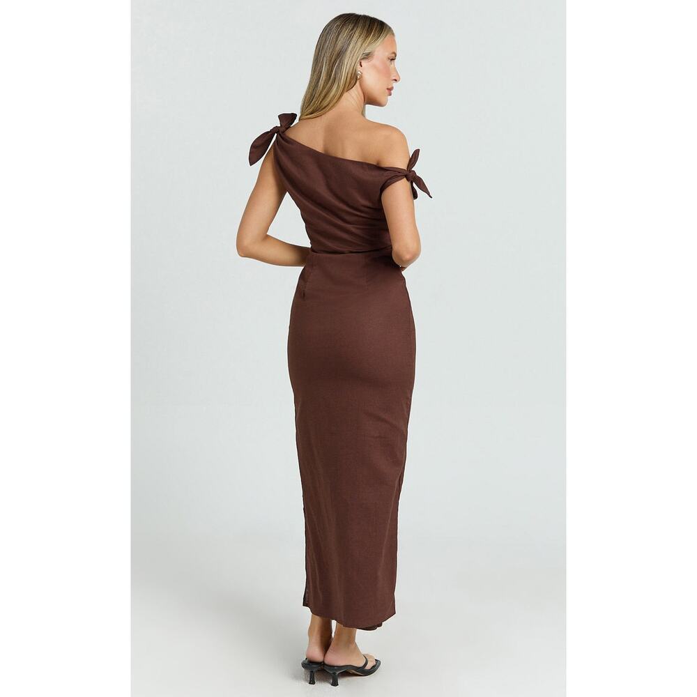 New Showpo Cincinnati Midi Dress Off The Shoulder Side Split Linen Dress Size L - Picture 5 of 10